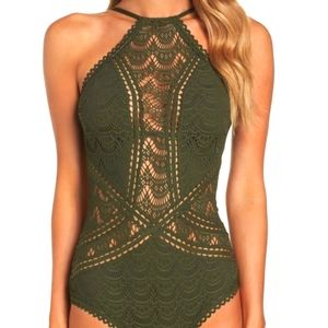 BECCA olive green crochet one piece swimsuit size M NWT